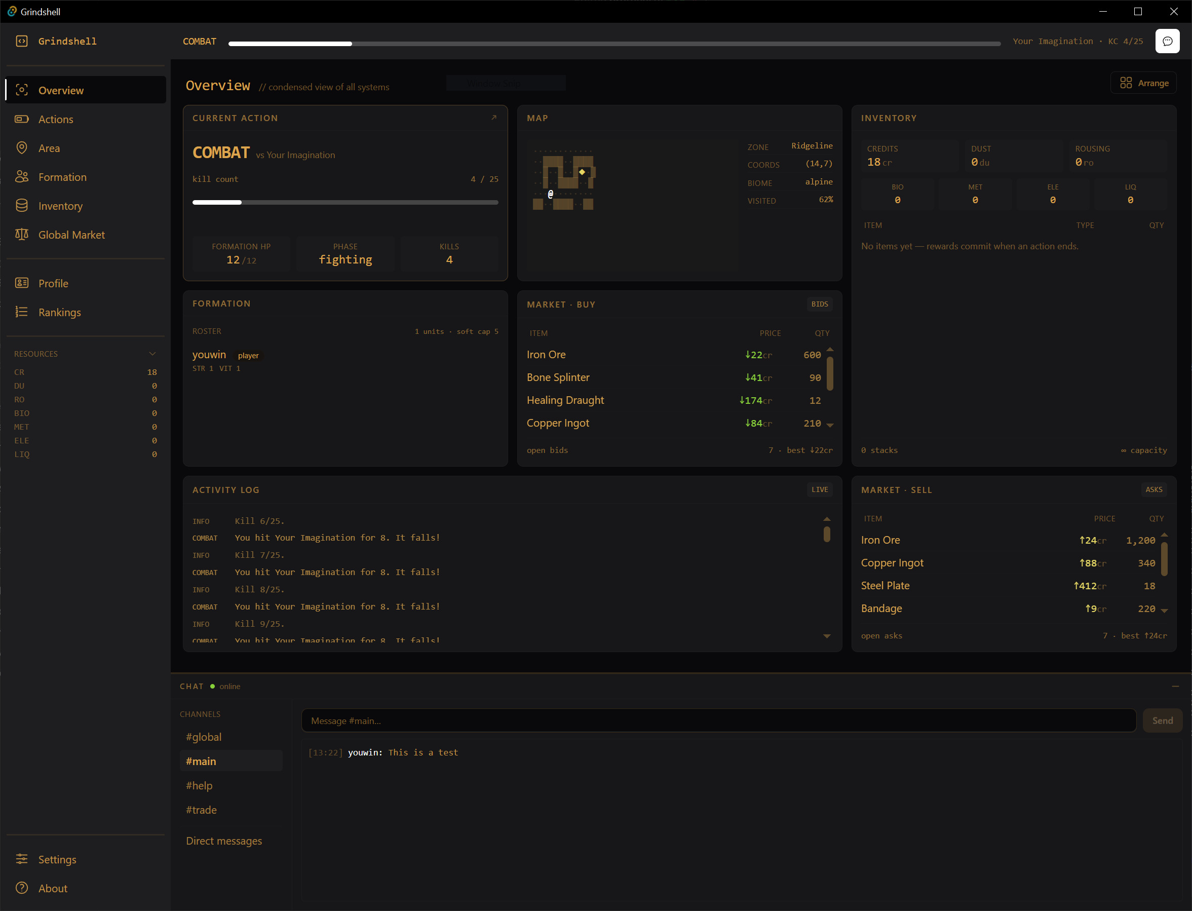 The Grindshell game client, showing recent progress on the in-game UI.
